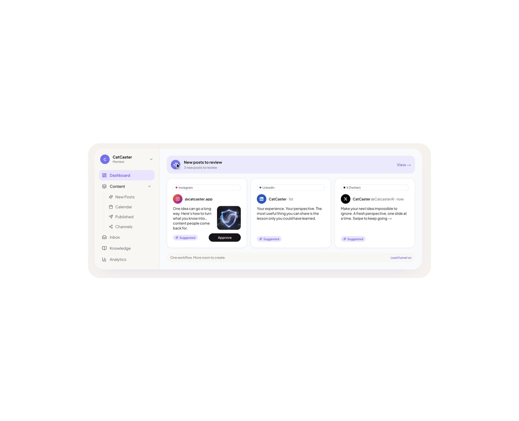 CatCaster dashboard showing drafted social posts.