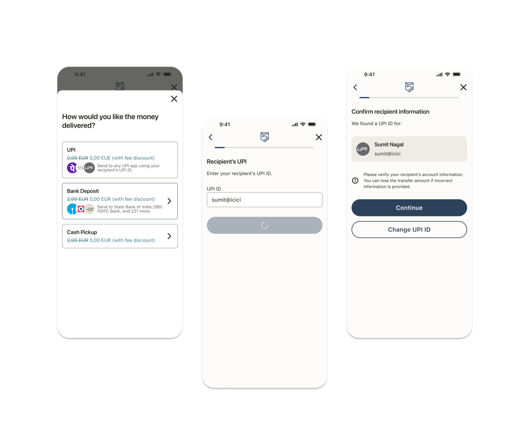 UPI send screens showing delivery-method choices, recipient UPI ID entry, and recipient confirmation.